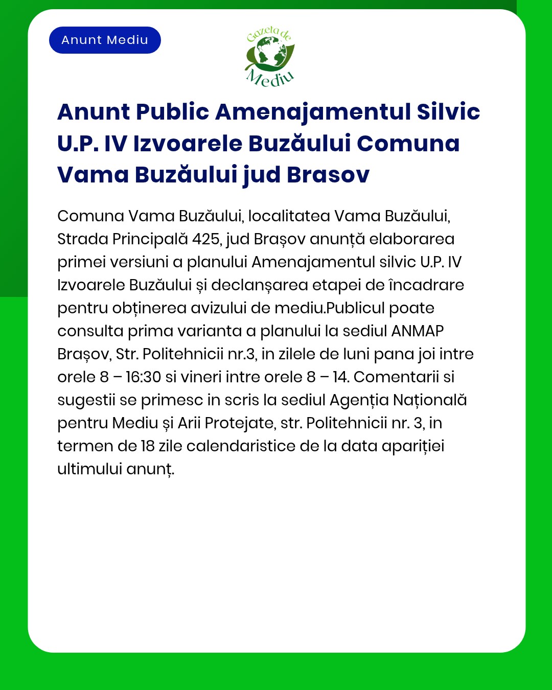APM anunță depunerea planului de management pentru amenajamentul silvic Vama Buzăului județul Brașov