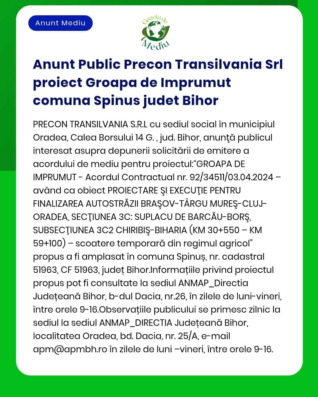 Anunt Public Precon Transilvania Srl proiect Groapa de Imprumut comuna