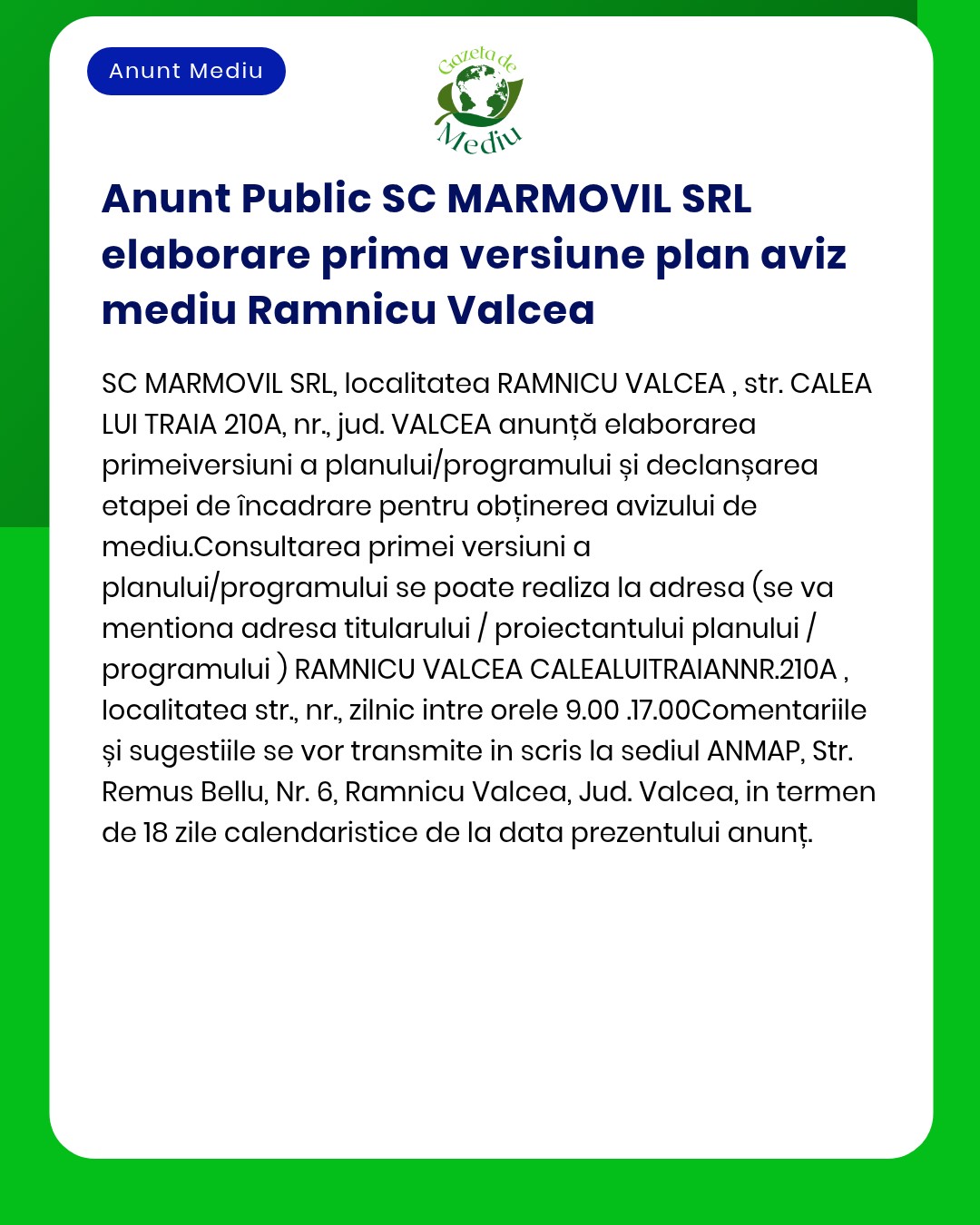 SC MARMOVIL SRL anunță elaborarea planului de acțiune pentru mediul Râmnicu Vâlcea disponibil la APM