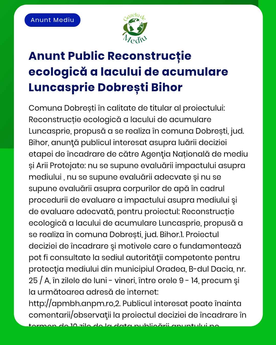 APM anunță demararea procedurii pentru proiectul de reconstrucție ecologică a lacului de acumulare Lungasprie Dobresti Bihor