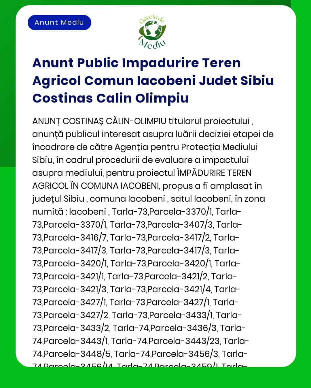 Anunt Public Impadurire Teren Agricol Comun Iacobeni Judet Sibiu Costi