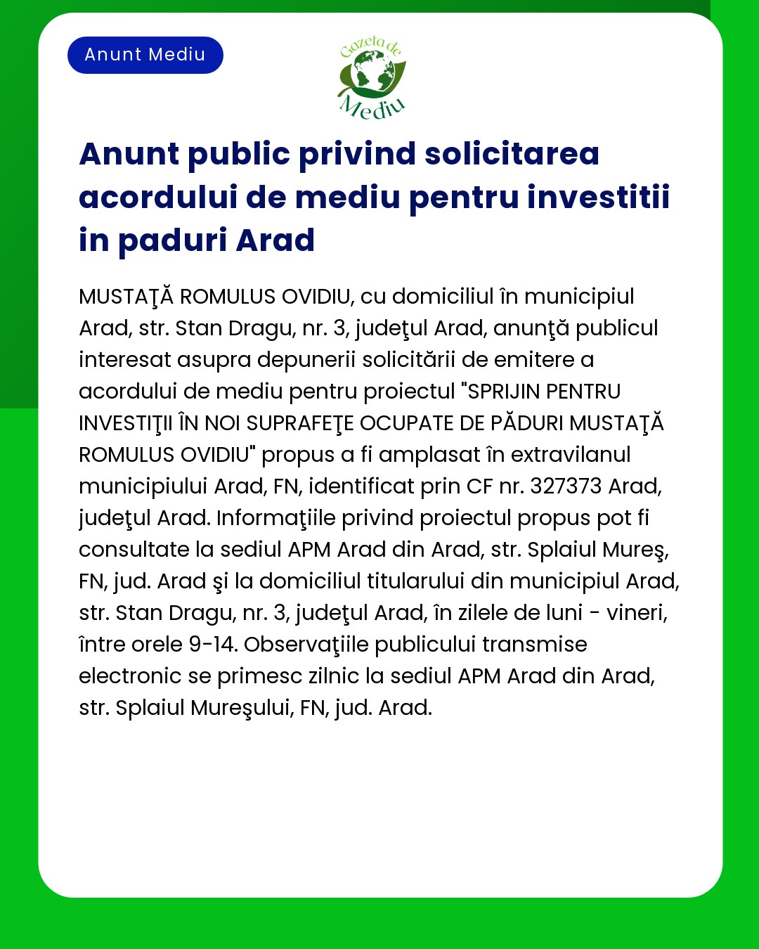 Anunt public privind solicitarea acordului de mediu pentru investitii