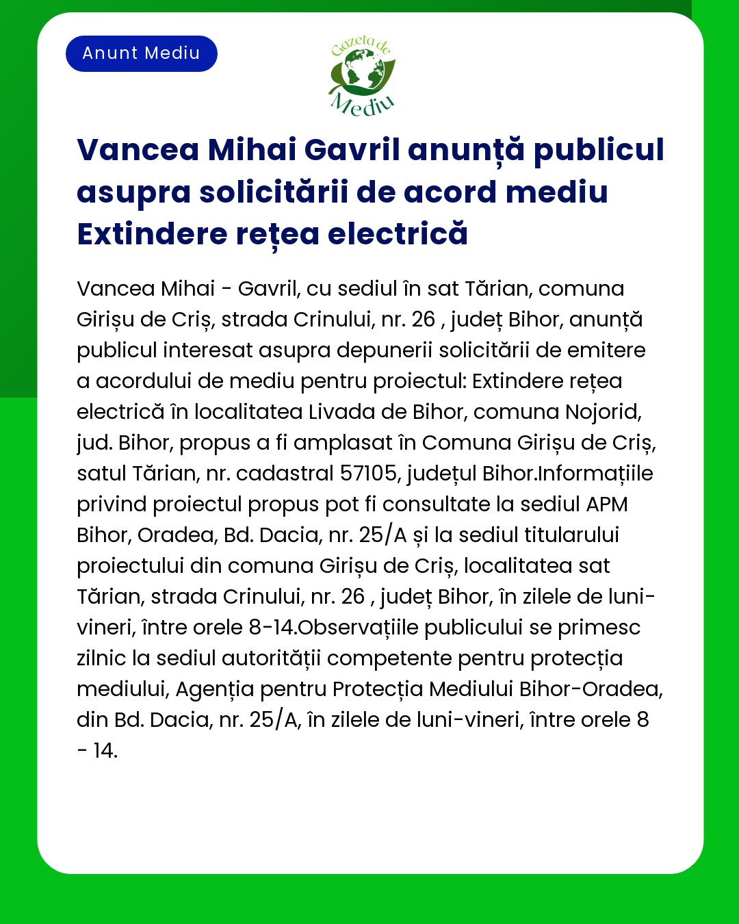 Solicitare pentru acord de mediu privind extinderea rețelei electrice în Livada de Bihor județul Bihor