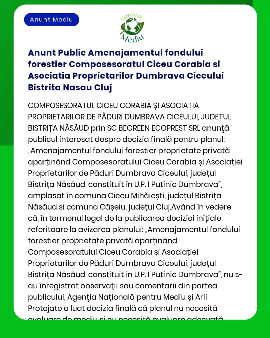 Anunt Public Amenajamentul fondului forestier Composesoratul Ciceu Cor