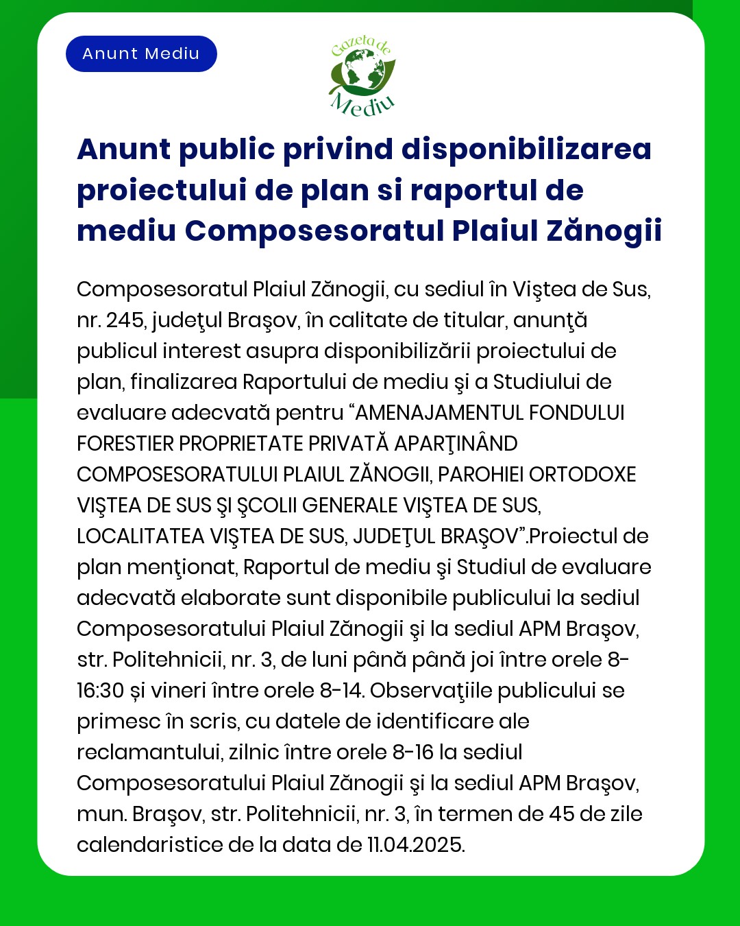 Anunt public privind disponibilizarea proiectului de plan si raportul