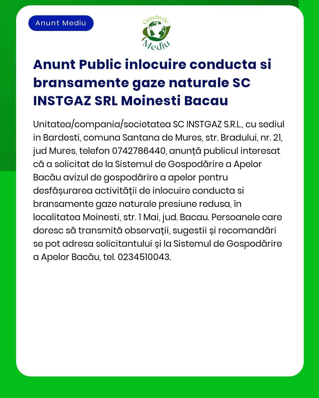 Anunt Public inlocuire conducta si bransamente gaze naturale SC INSTGA