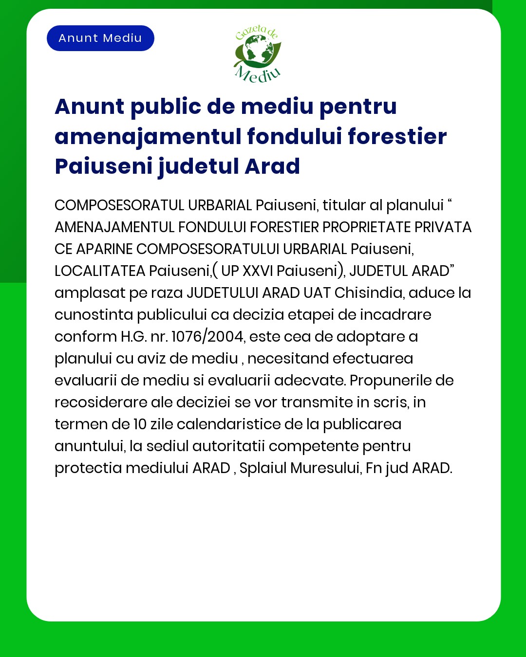 Anunt public de mediu pentru amenajamentul fondului forestier Paiuseni