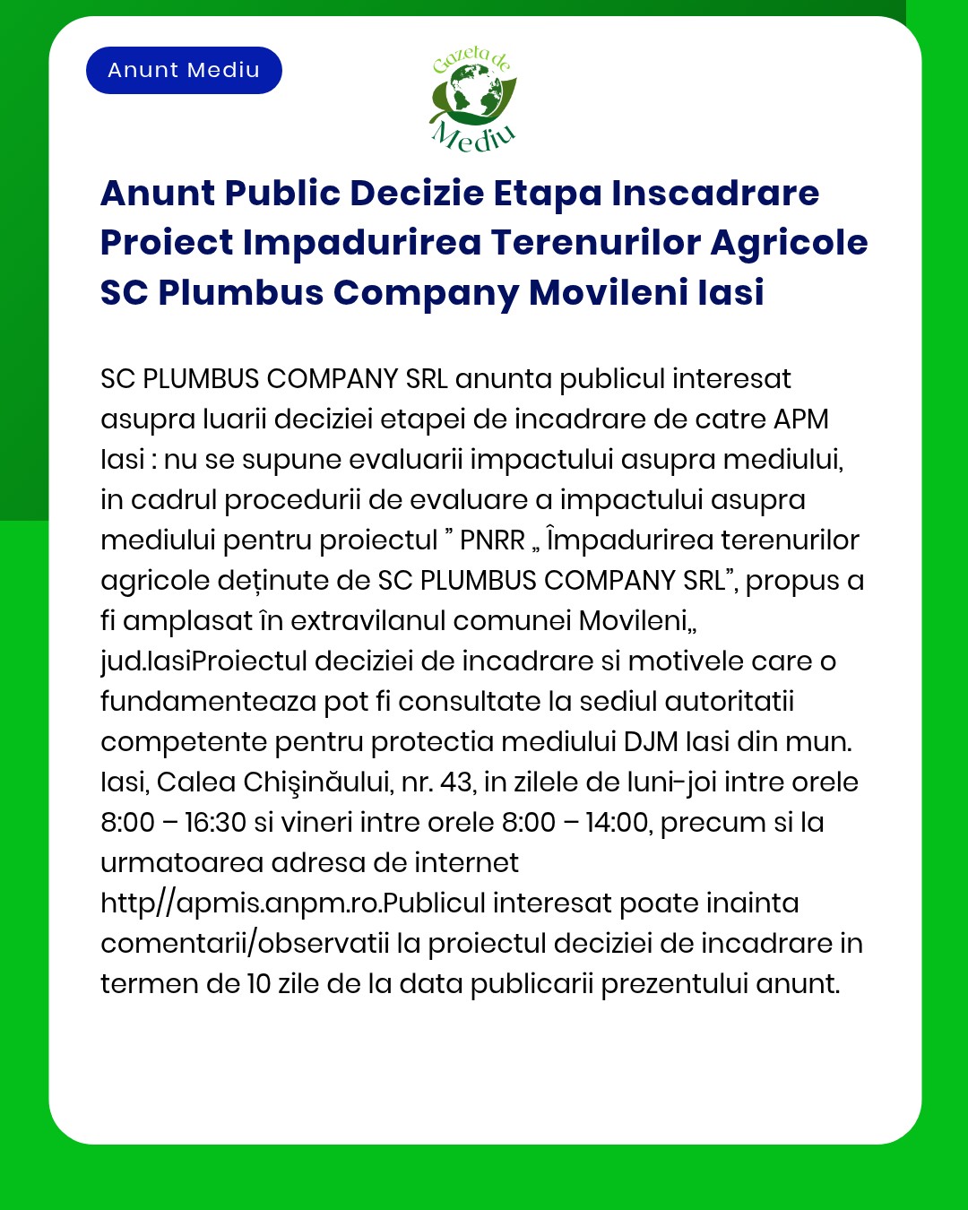 Anunt Public Decizie Etapa Inscadrare Proiect Impadurirea Terenurilor