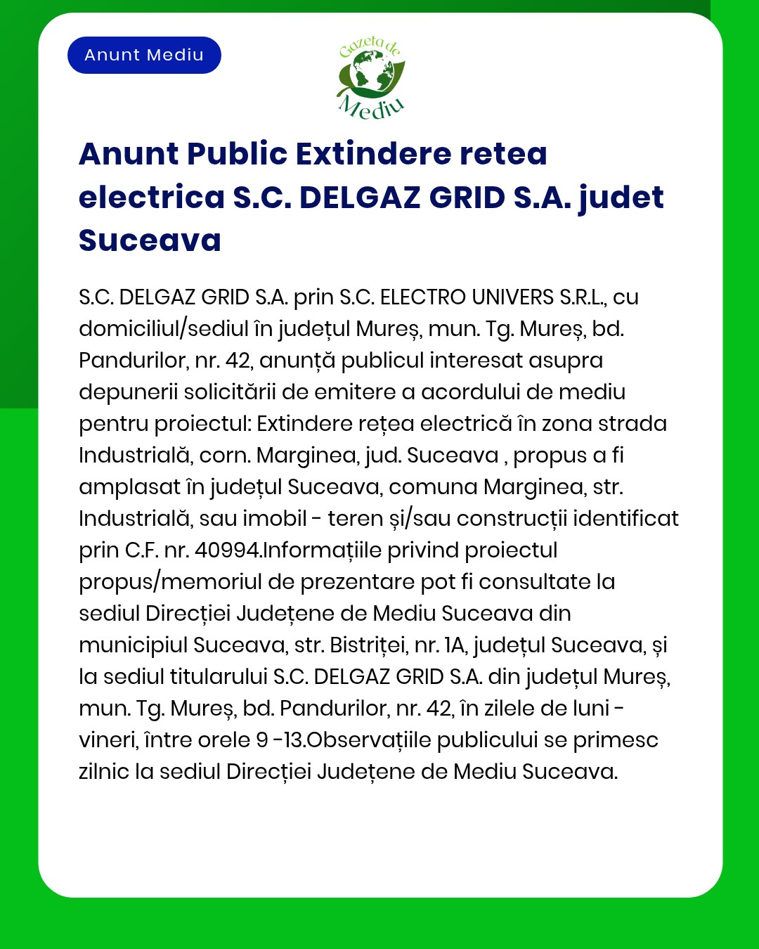 SC DELGAZ GRID SA anunță extinderea rețelei electrice în județul Suceava și obținerea avizului APM pentru proiect