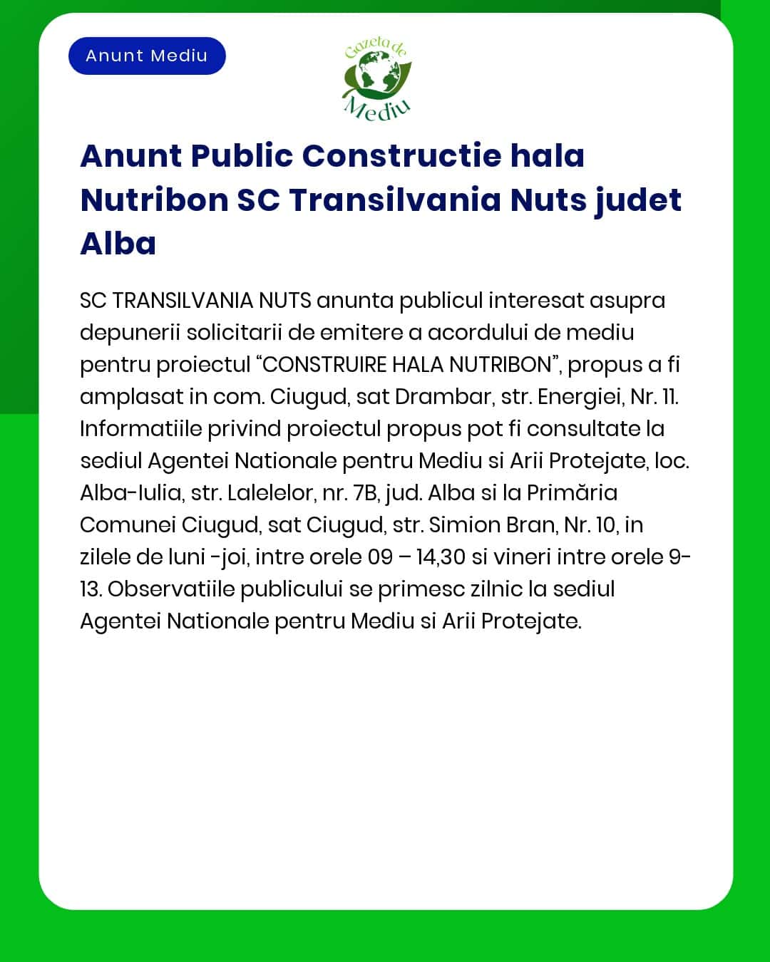 Anunt Public Constructie hala Nutribon SC Transilvania Nuts judet Alba