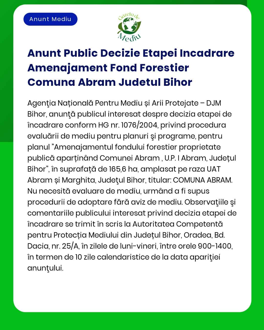 Anunt Public Decizie Etapei Incadrare Amenajament Fond Forestier Comun