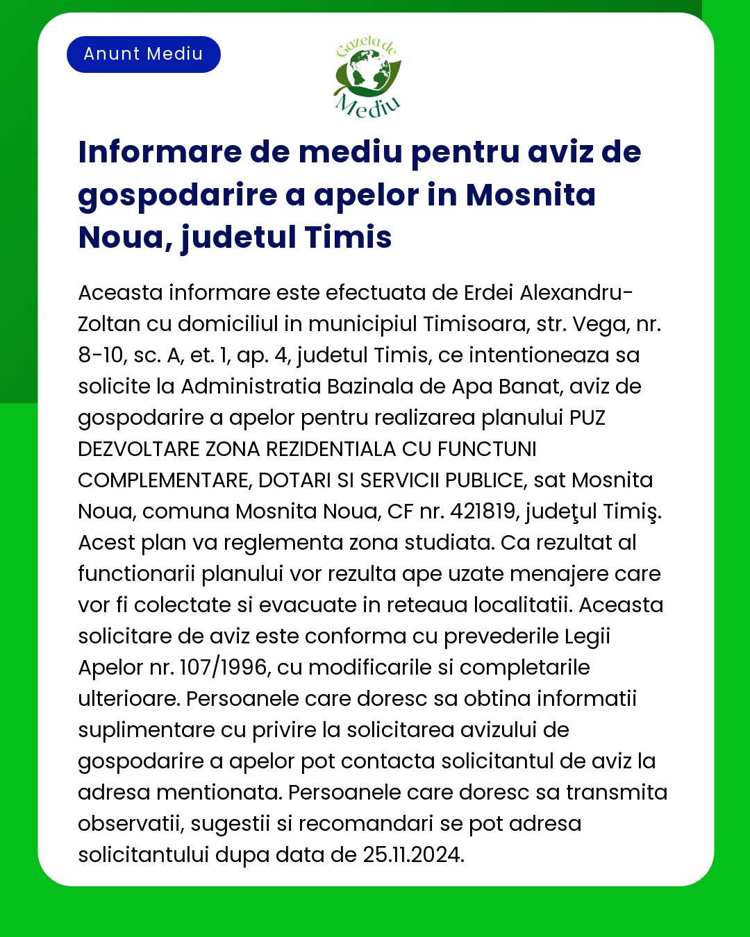 Informare de mediu pentru aviz de gospodarire a apelor in Mosnita Noua