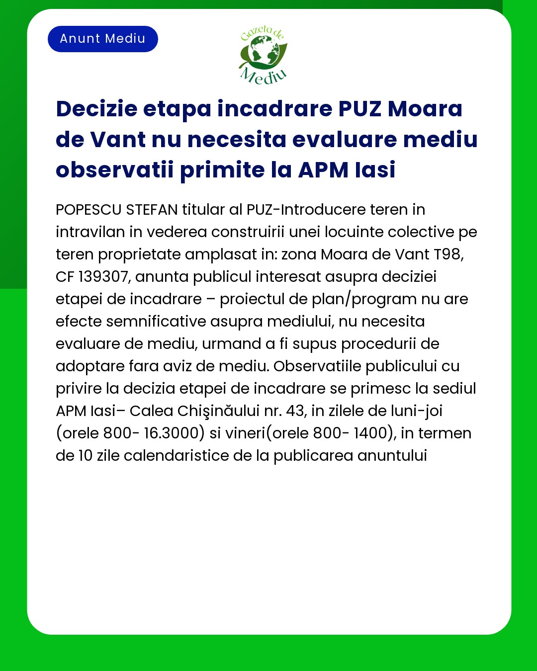 Decizie etapa incadrare PUZ Moara de Vant nu necesita evaluare mediu o