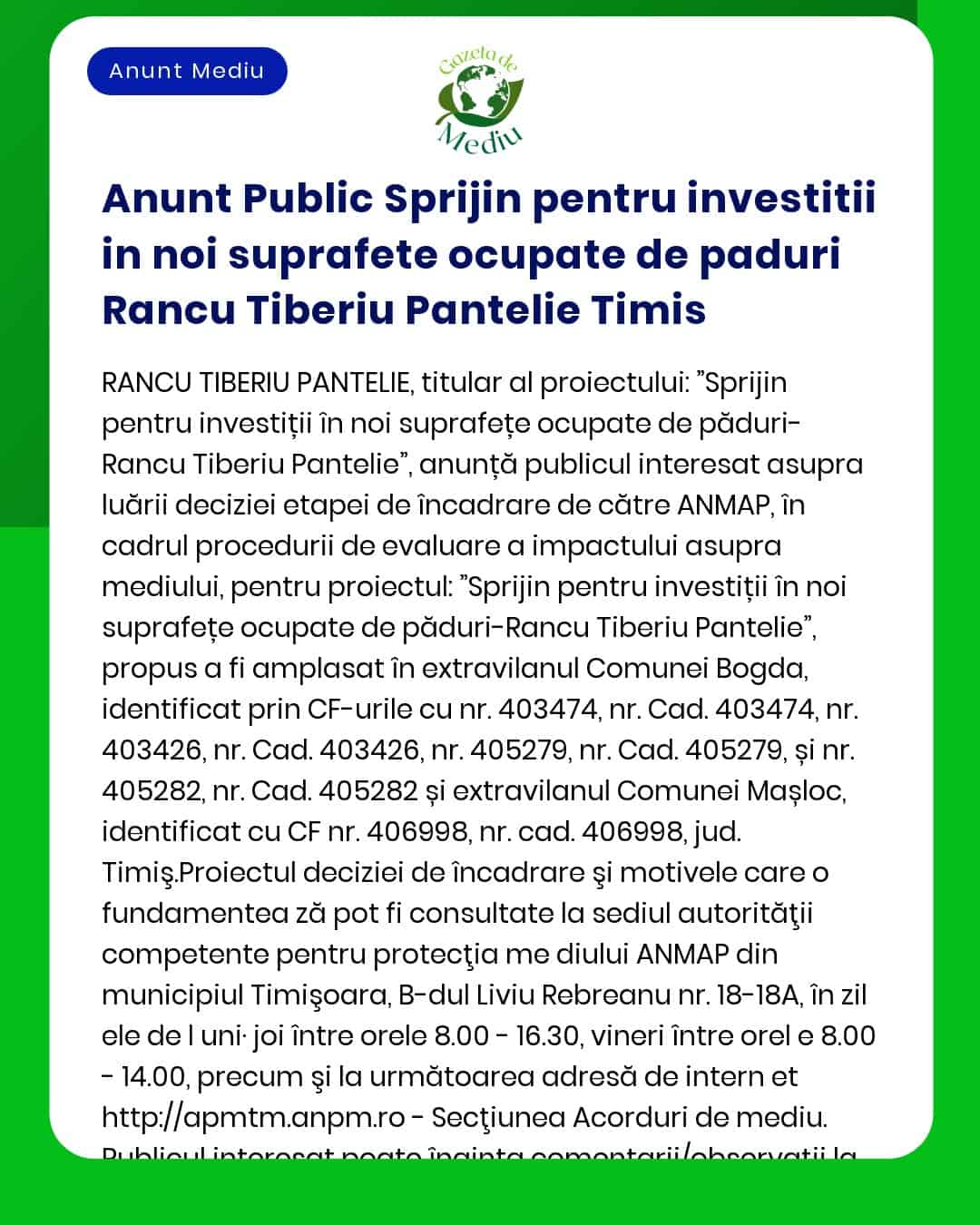 Anunt Public Sprijin pentru investitii in noi suprafete ocupate de pad