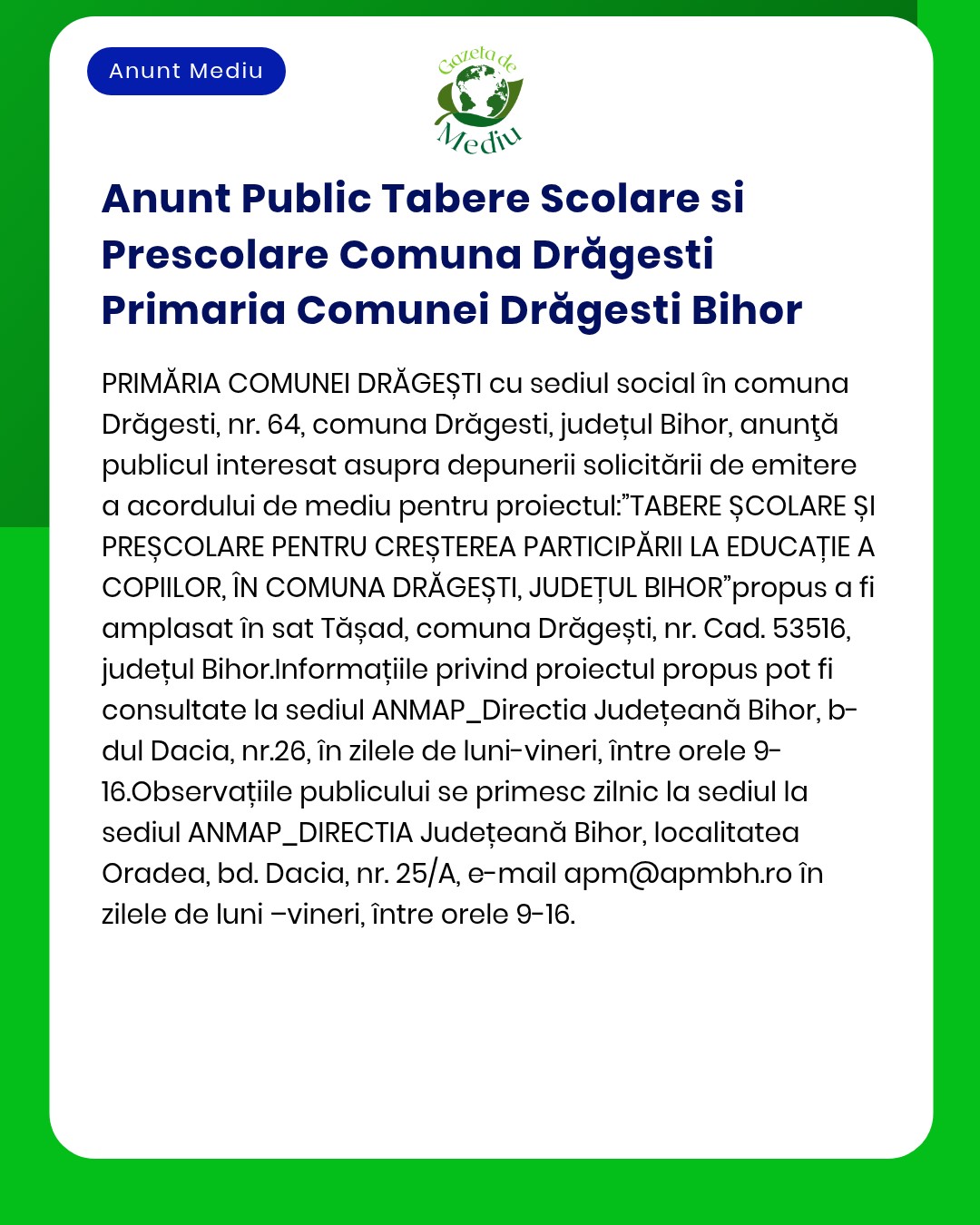 Anunt Public Tabere Scolare si Prescolare Comuna Drăgesti Primaria Com
