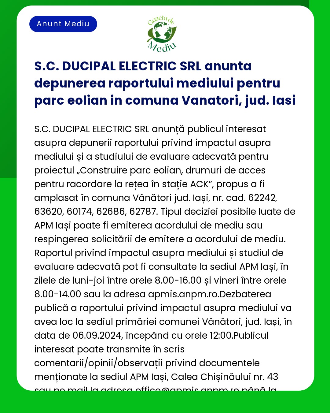 S.C. DUCIPAL ELECTRIC SRL anunta depunerea raportului mediului pentru