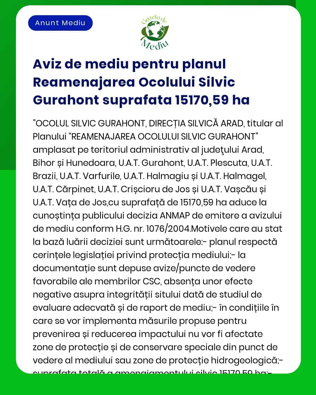 Aviz de mediu pentru planul Reamenajarea Ocolului Silvic Gurahont supr