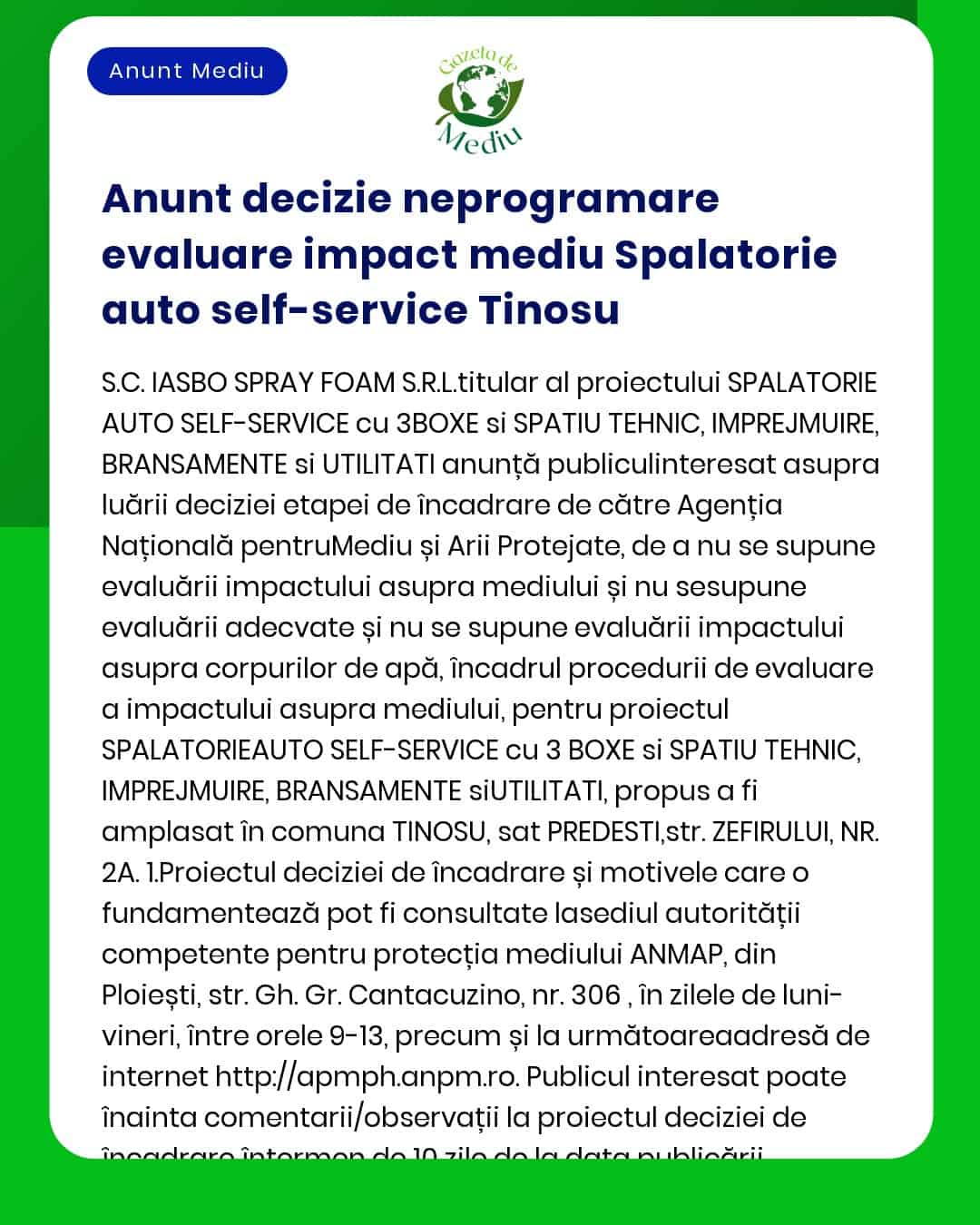 Anunt decizie neprogramare evaluare impact mediu Spalatorie auto self-