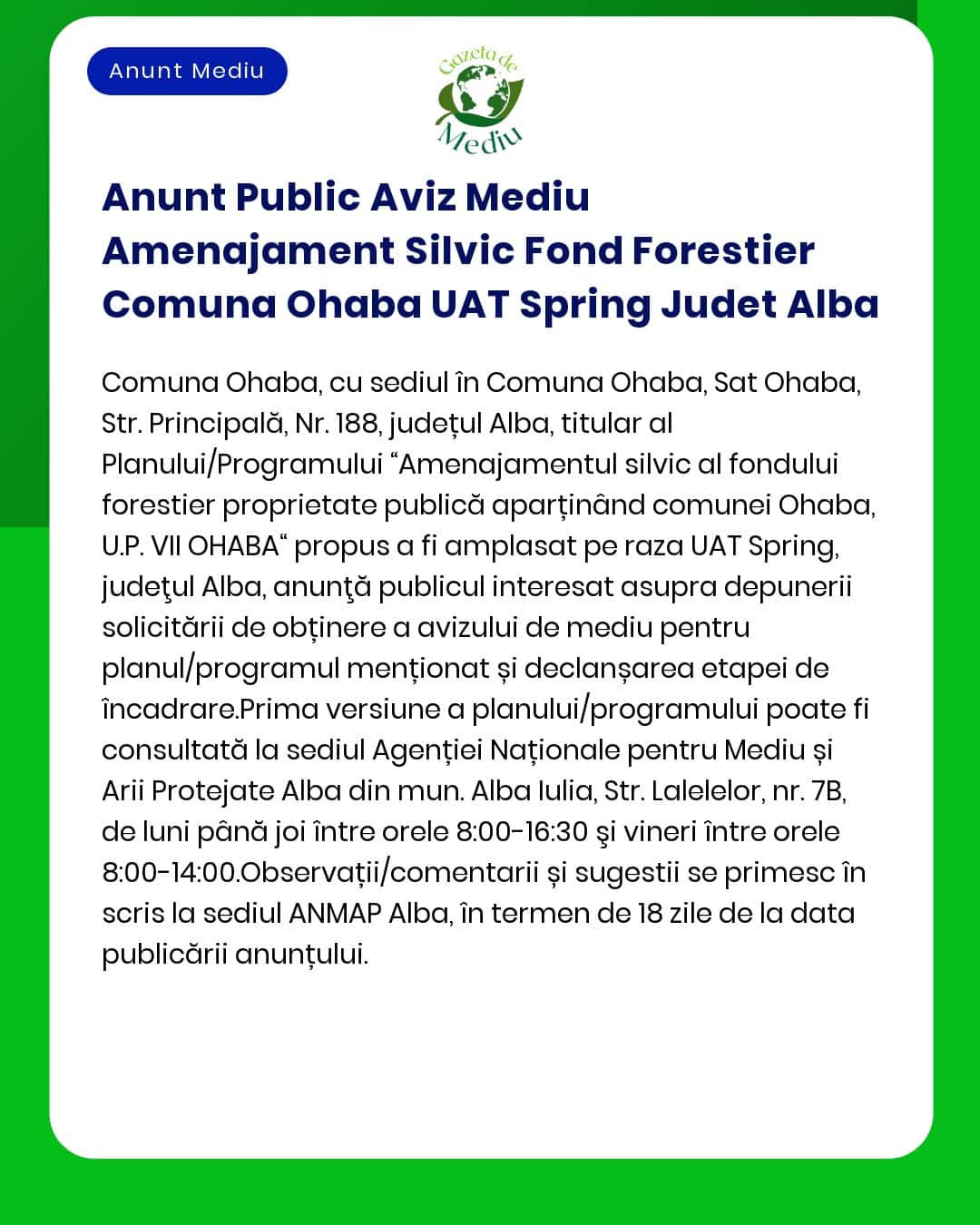 Anunt Public Aviz Mediu Amenajament Silvic Fond Forestier Comuna Ohaba