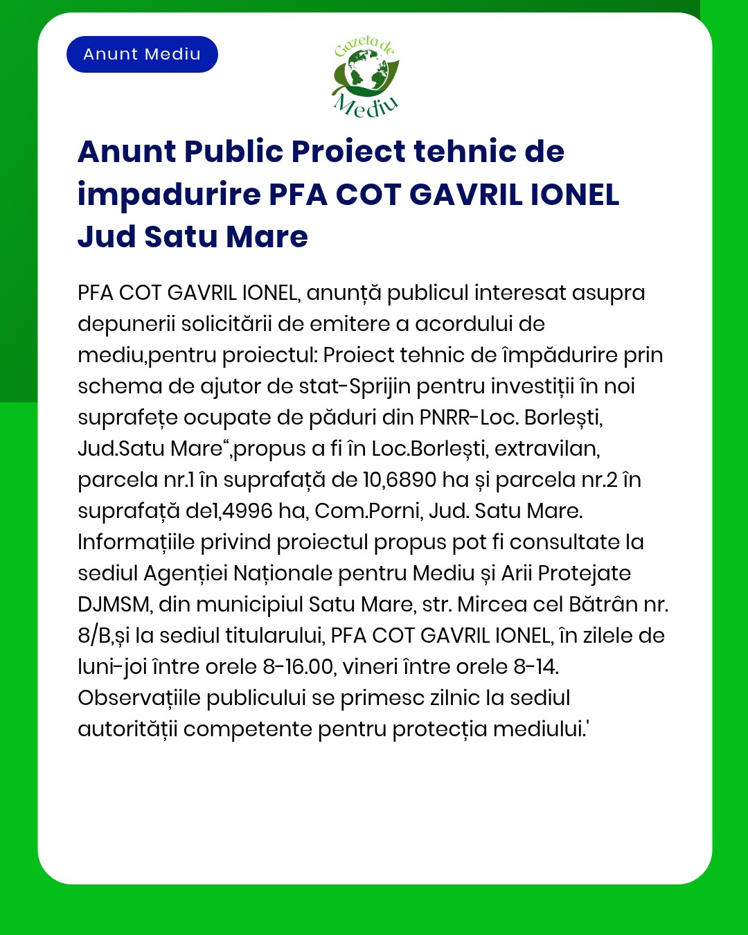 Proiect tehnic de împădurire și reconstrucție ecologică pe terenuri situate în extravilanul localităților Boroști și Satu Mare