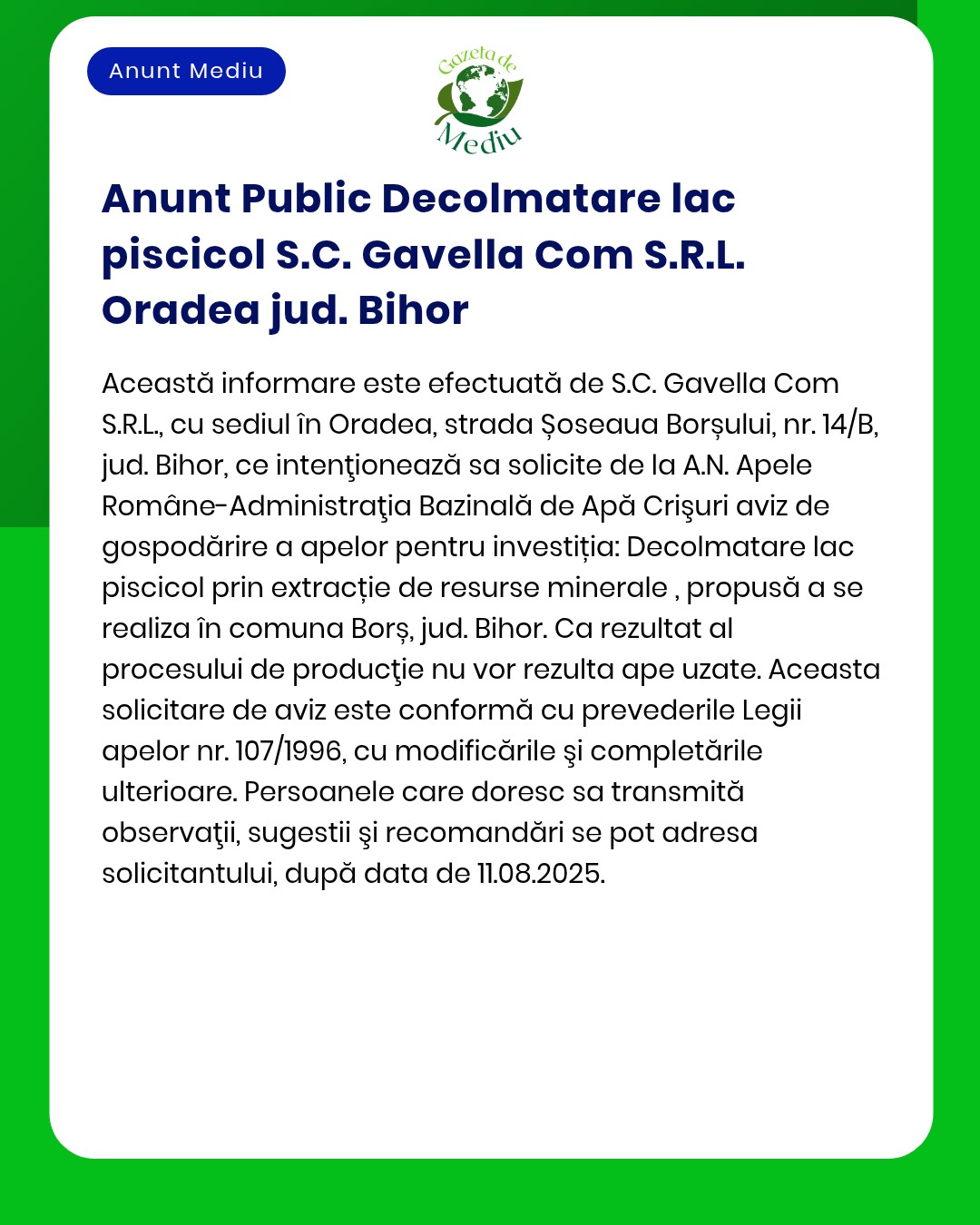 SC Gavella Com SRL a depus la APM documentația pentru deschiderea lucrărilor de dragare lac și extracție nisip în Oradea județul Bihor conform cerințelor legale în vigoare