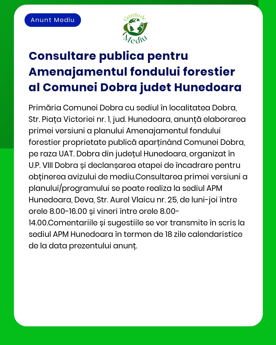 Consultare publica pentru Amenajamentul fondului forestier al Comunei