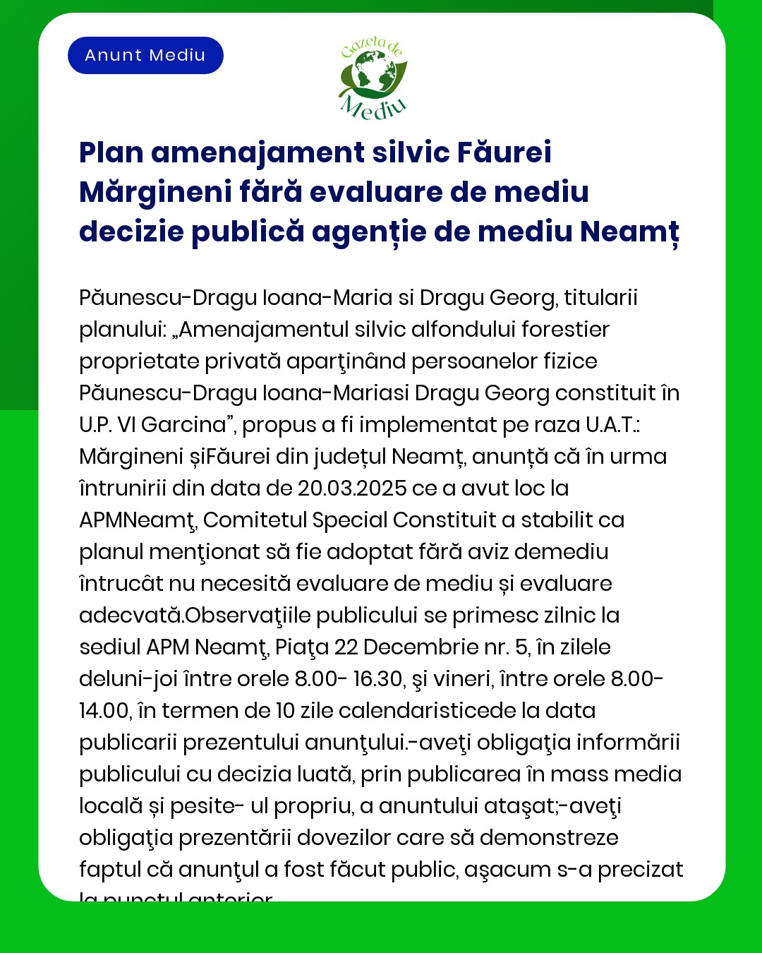 Plan amenajament silvic Făurei Mărgineni fără evaluare de mediu decizi