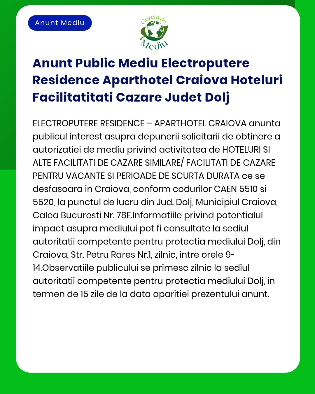 Anunt Public Mediu Electroputere Residence Aparthotel Craiova Hoteluri