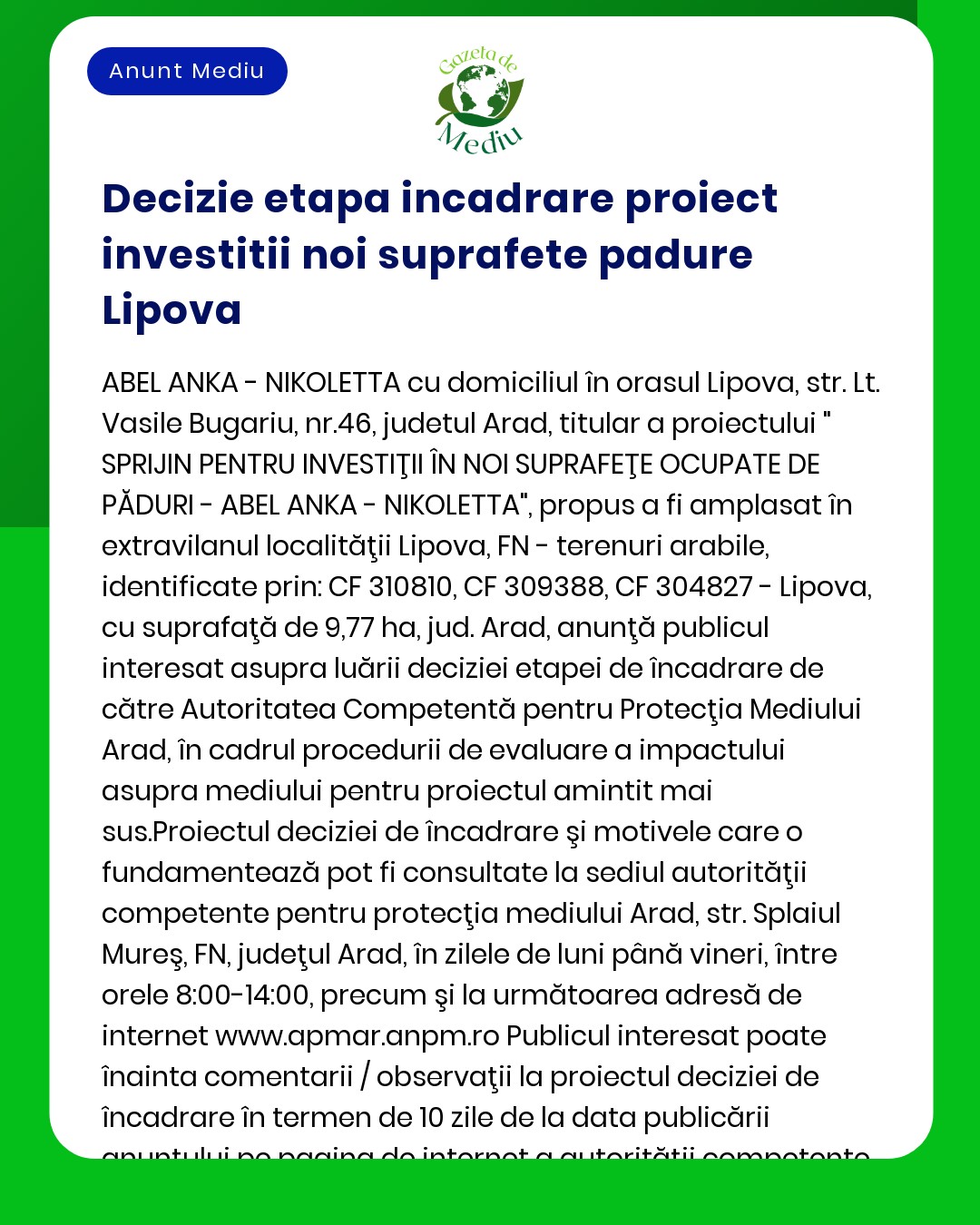 Decizie etapa incadrare proiect investitii noi suprafete padure Lipova