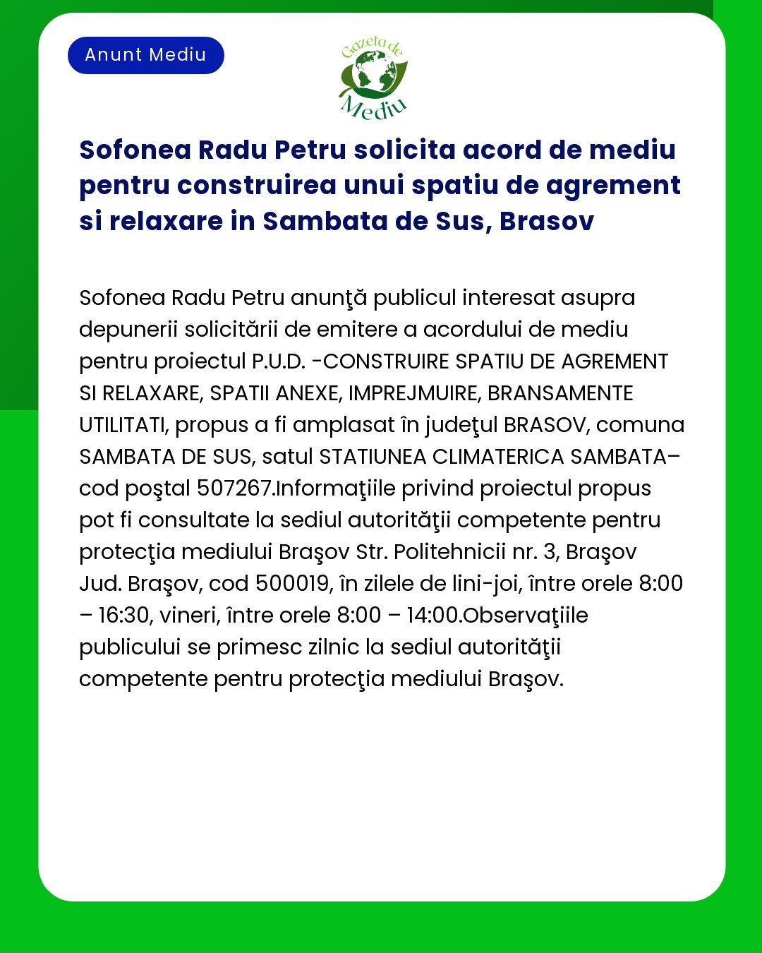 Sofonea Radu Petru solicita acord de mediu pentru construirea unui spa
