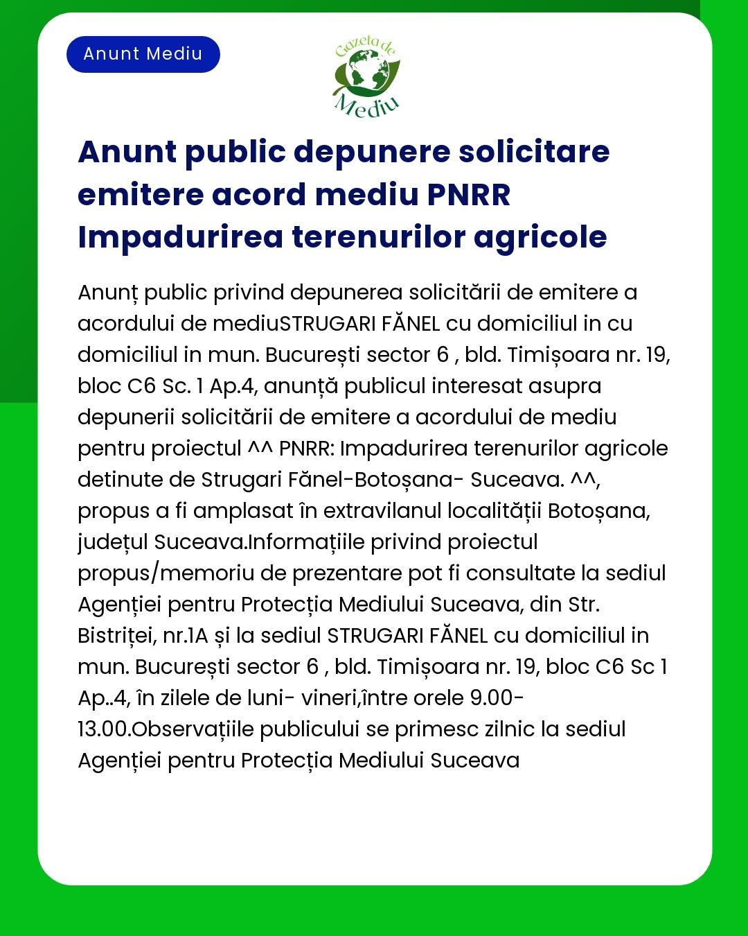 Cerere de acord de mediu pentru împărțirea terenurilor agricole în locații specifice din România