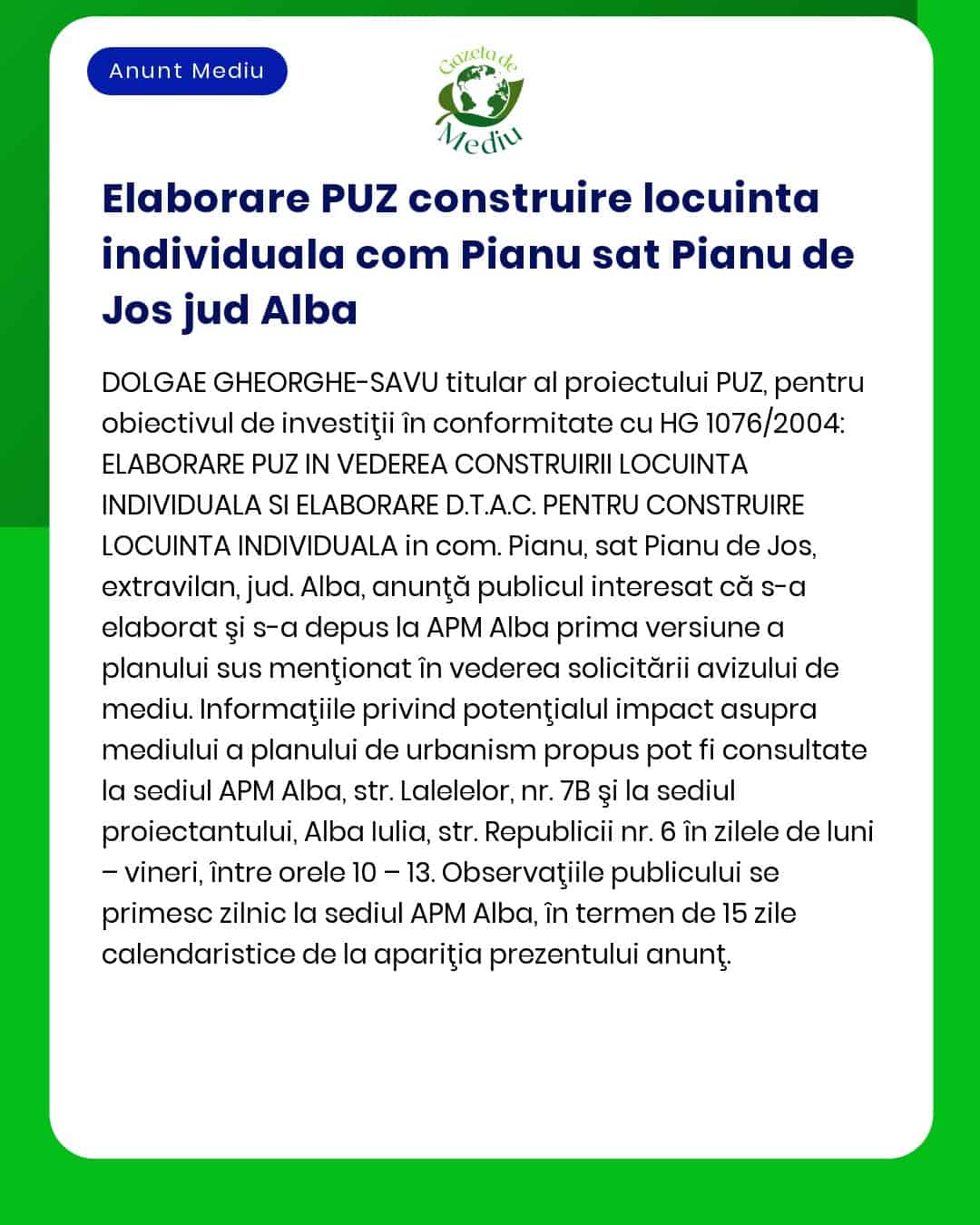 Construire locuințe individuale Pianu Pianu de Jos jud Alba