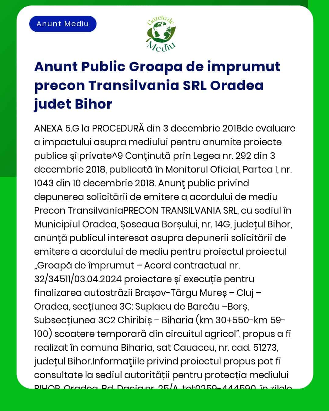 Anunt Public Groapa de imprumut precon Transilvania SRL Oradea judet B