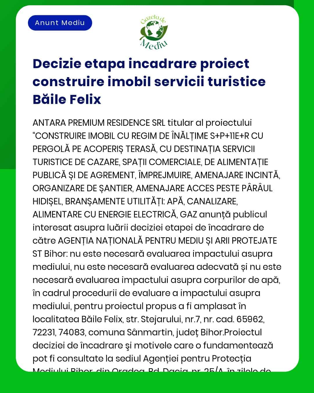 Informare privind decizia etapei de încadrare pentru proiectul Construire complex servicii turistice Băile Felix emisă de APM