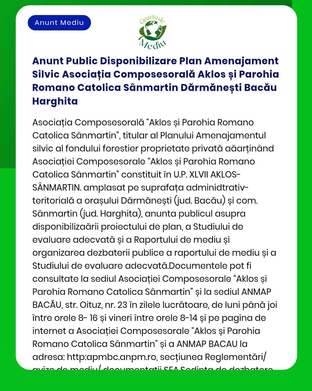 Anunt Public Disponibilizare Plan Amenajament Silvic Asociația Compose