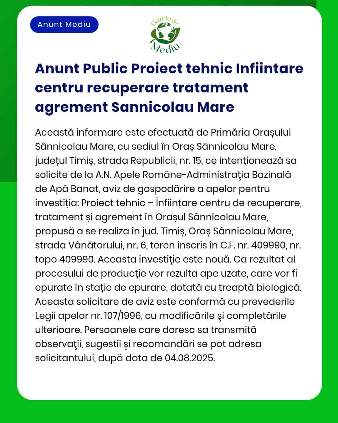 APM anunță depunerea solicitării de emitere a acordului de mediu pentru proiectul amplasat în Sânnicolau Mare