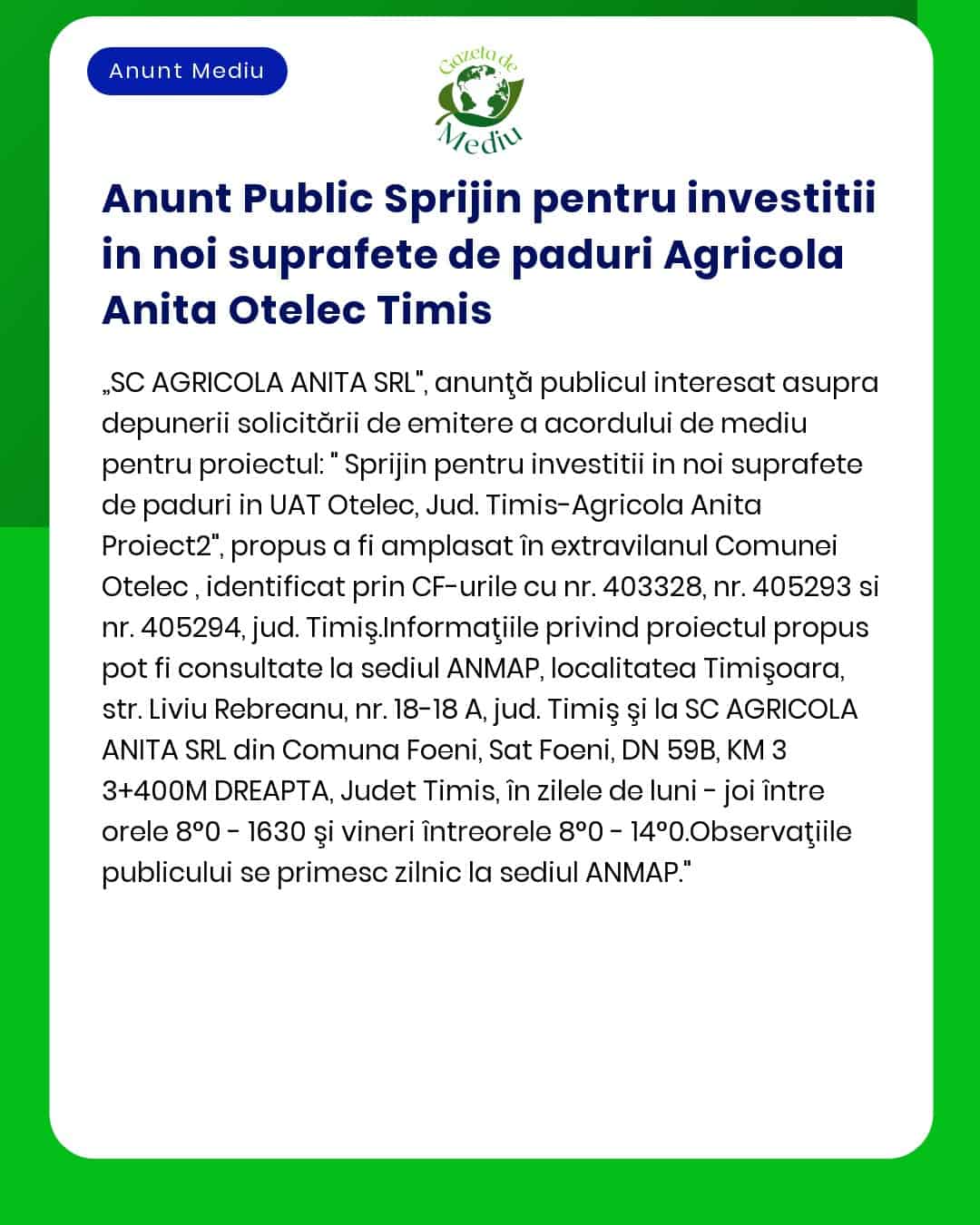 Anunt Public Sprijin pentru investitii in noi suprafete de paduri Agri