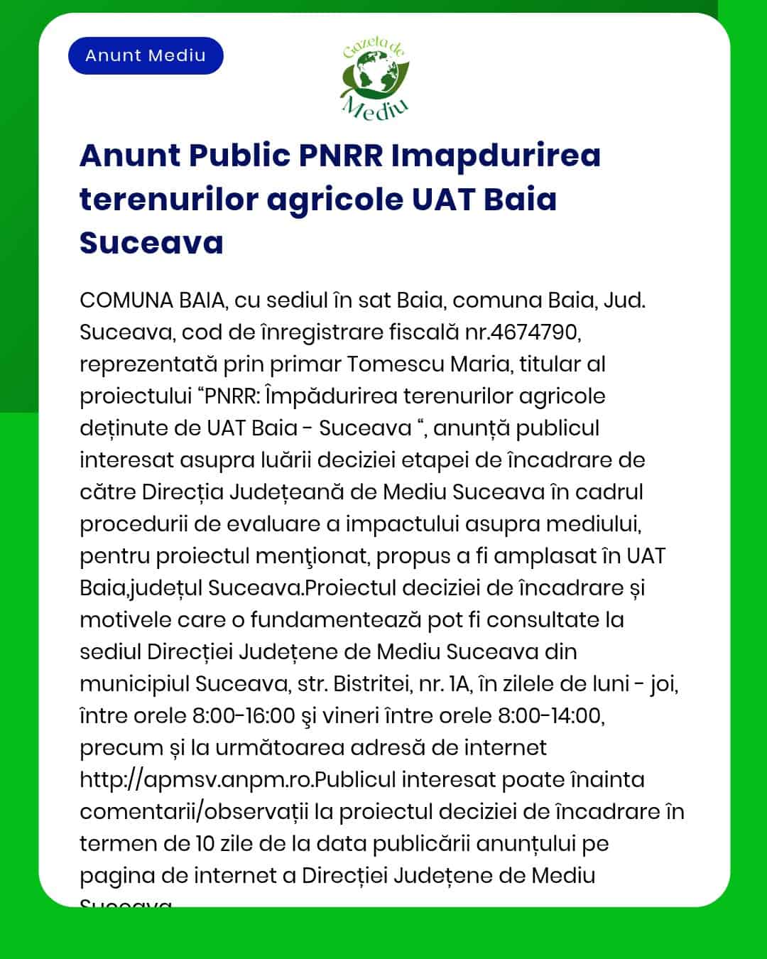 APM Suceava anunță înregistrarea și evaluarea impactului asupra mediului pentru proiectele pe terenuri agricole în Baia Suceava în cadrul inițiativei PNRR