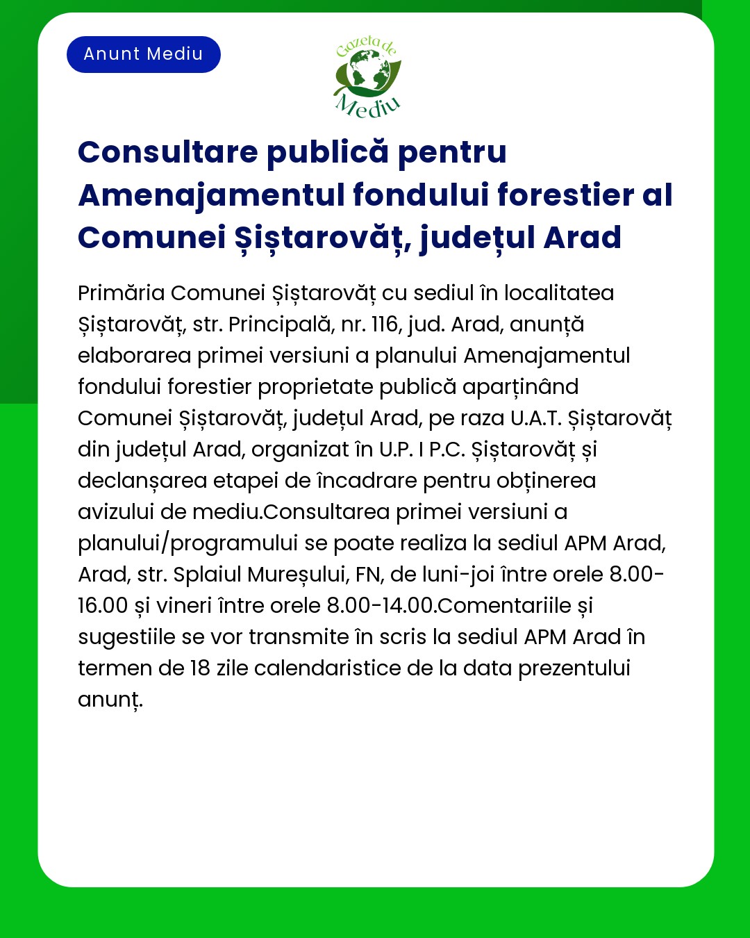 Consultare publică pentru Amenajamentul fondului forestier al Comunei