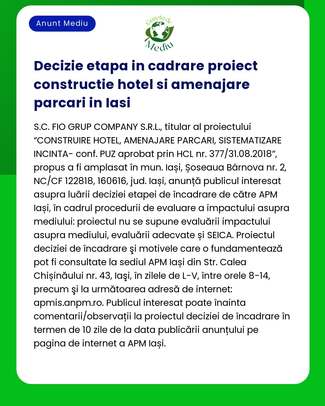 Decizie etapa in cadrare proiect constructie hotel si amenajare parcar