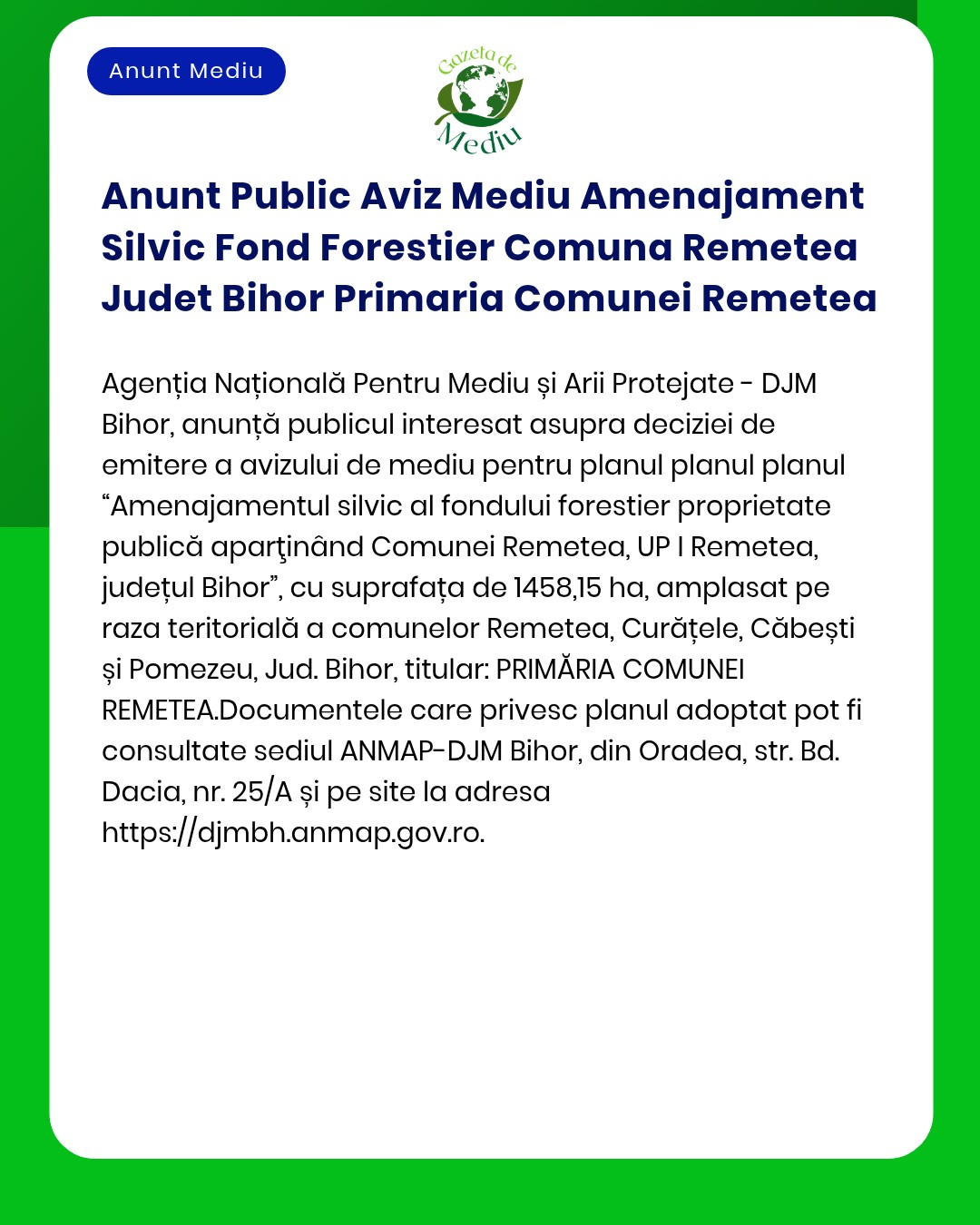 Anunt Public Aviz Mediu Amenajament Silvic Fond Forestier Comuna Remet