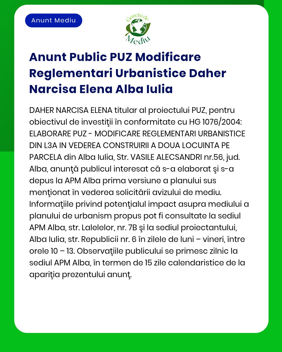 APM Alba Iulia anunță schimbarea reglementării urbanistice pentru proiectul propus în municipiul Alba Iulia