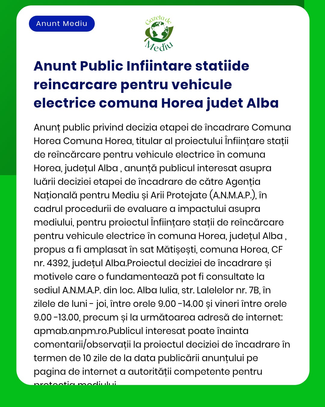 În comuna Horea județul Alba se propune amplasarea unor stații de încărcare pentru vehicule electrice