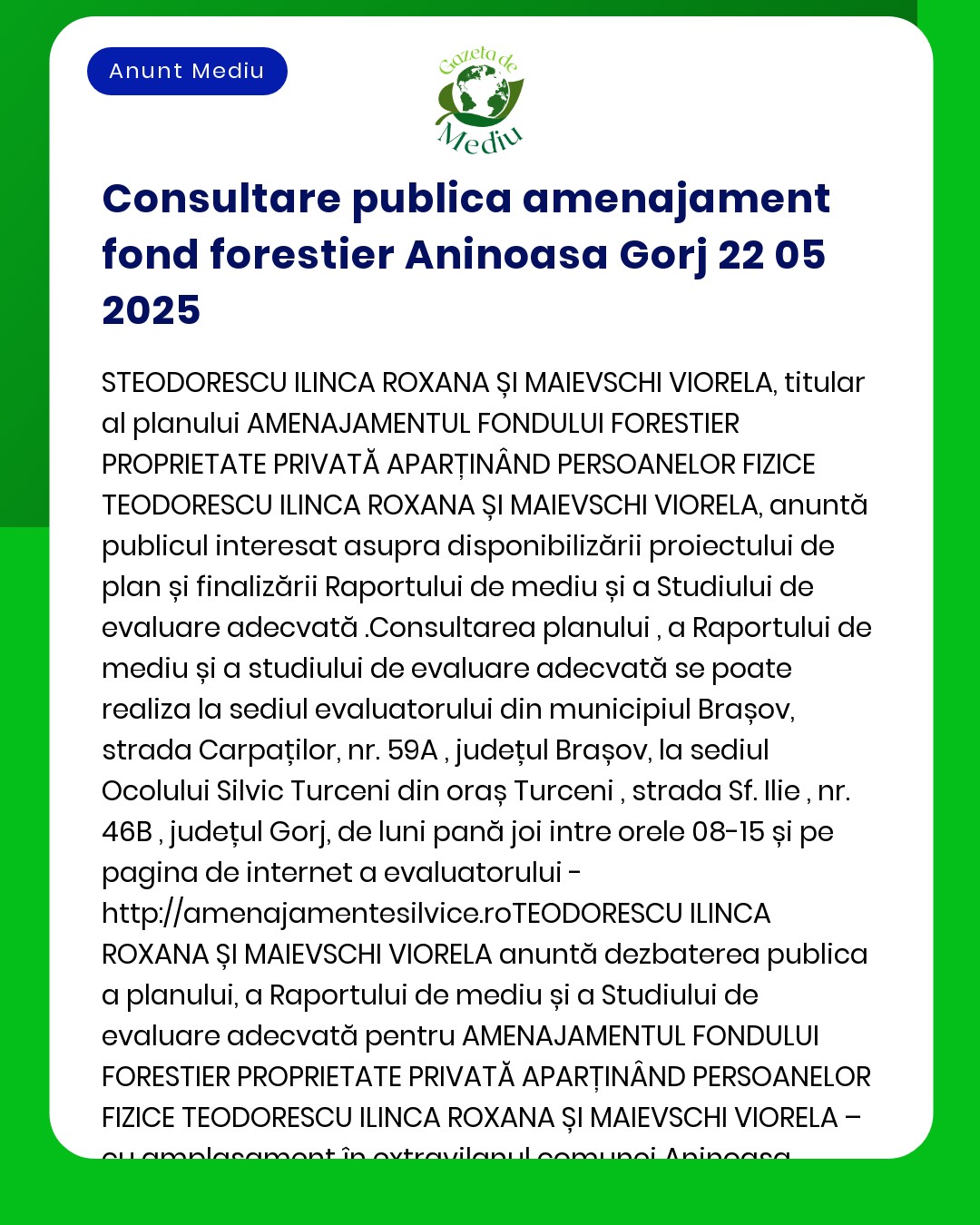 Anunț public pentru o consultare privind planul de amenajare a pădurilor Aninoasa Gorj programată pentru 22 mai 2025
