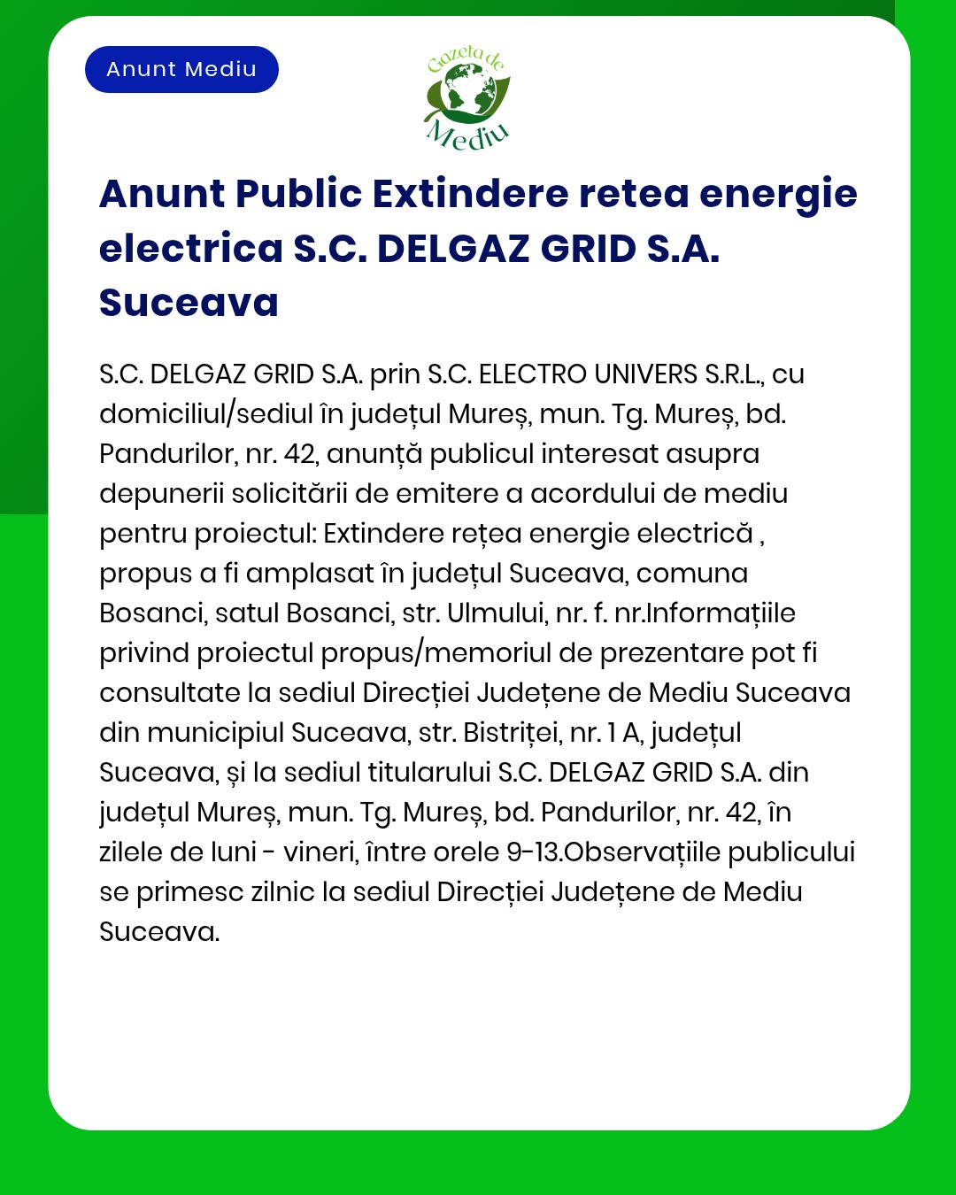 Extindere rețea electrică în județul Suceava de către SC DELGAZ GRID SA