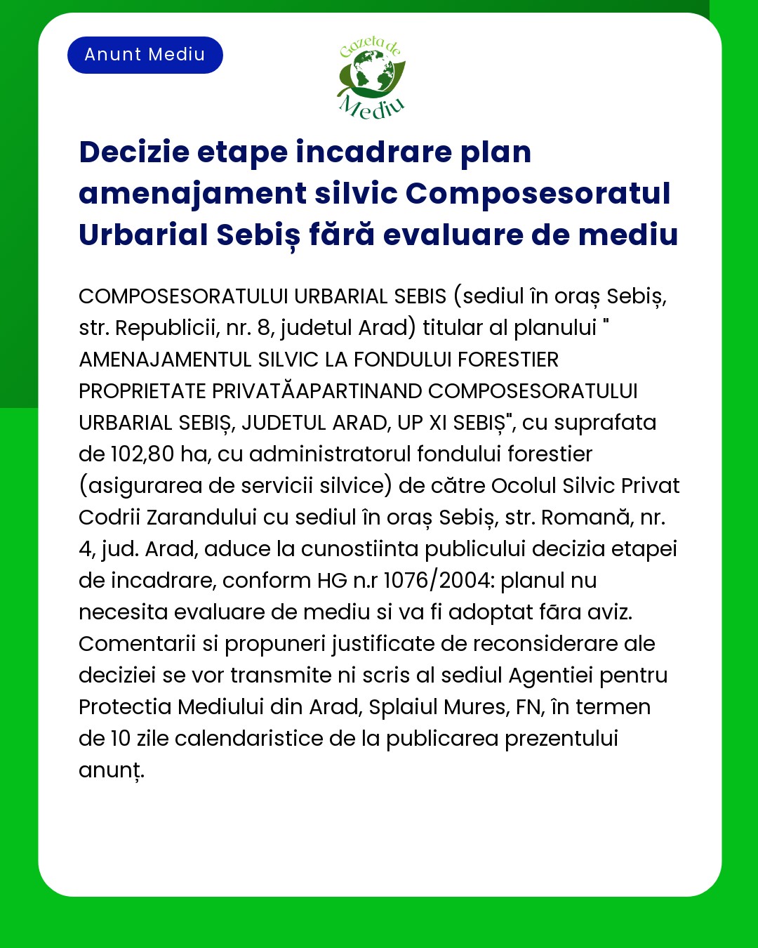 Decizie etape incadrare plan amenajament silvic Composesoratul Urbaria