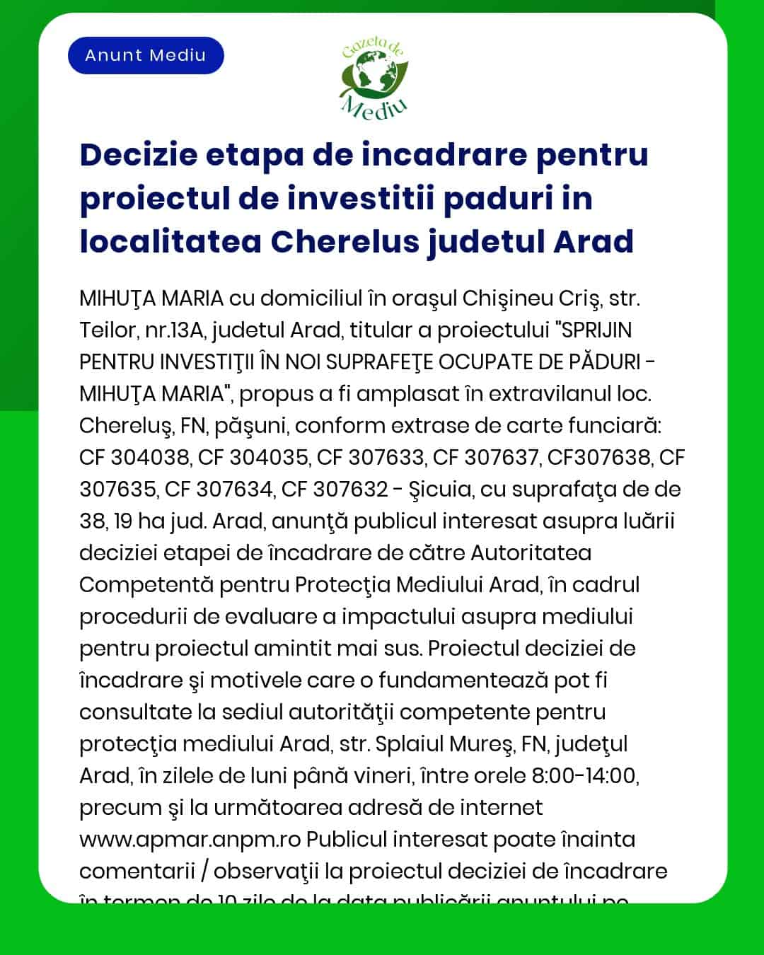 Decizie etapa de incadrare pentru proiectul de investitii paduri in lo