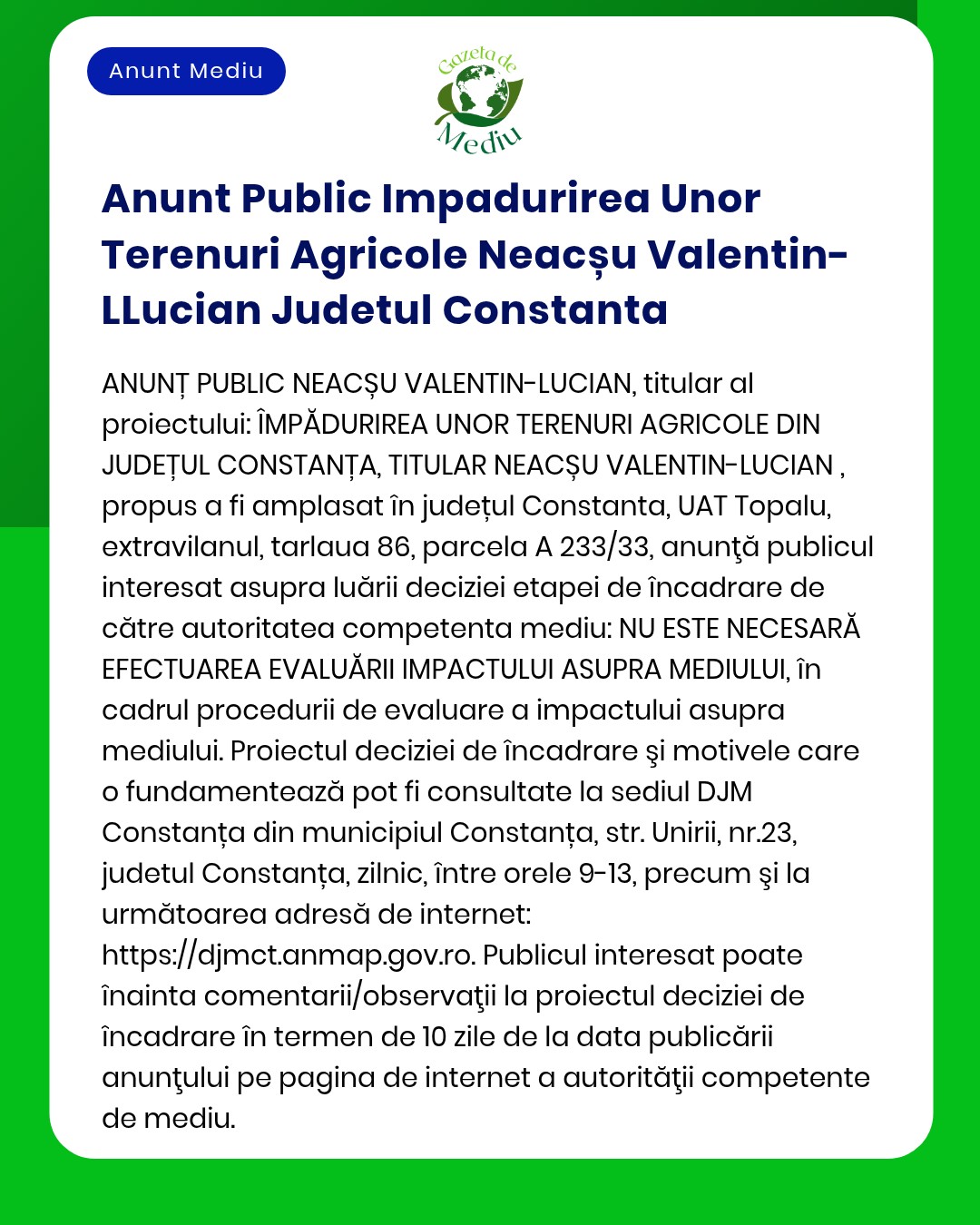 Evaluare impact asupra terenurilor agricole