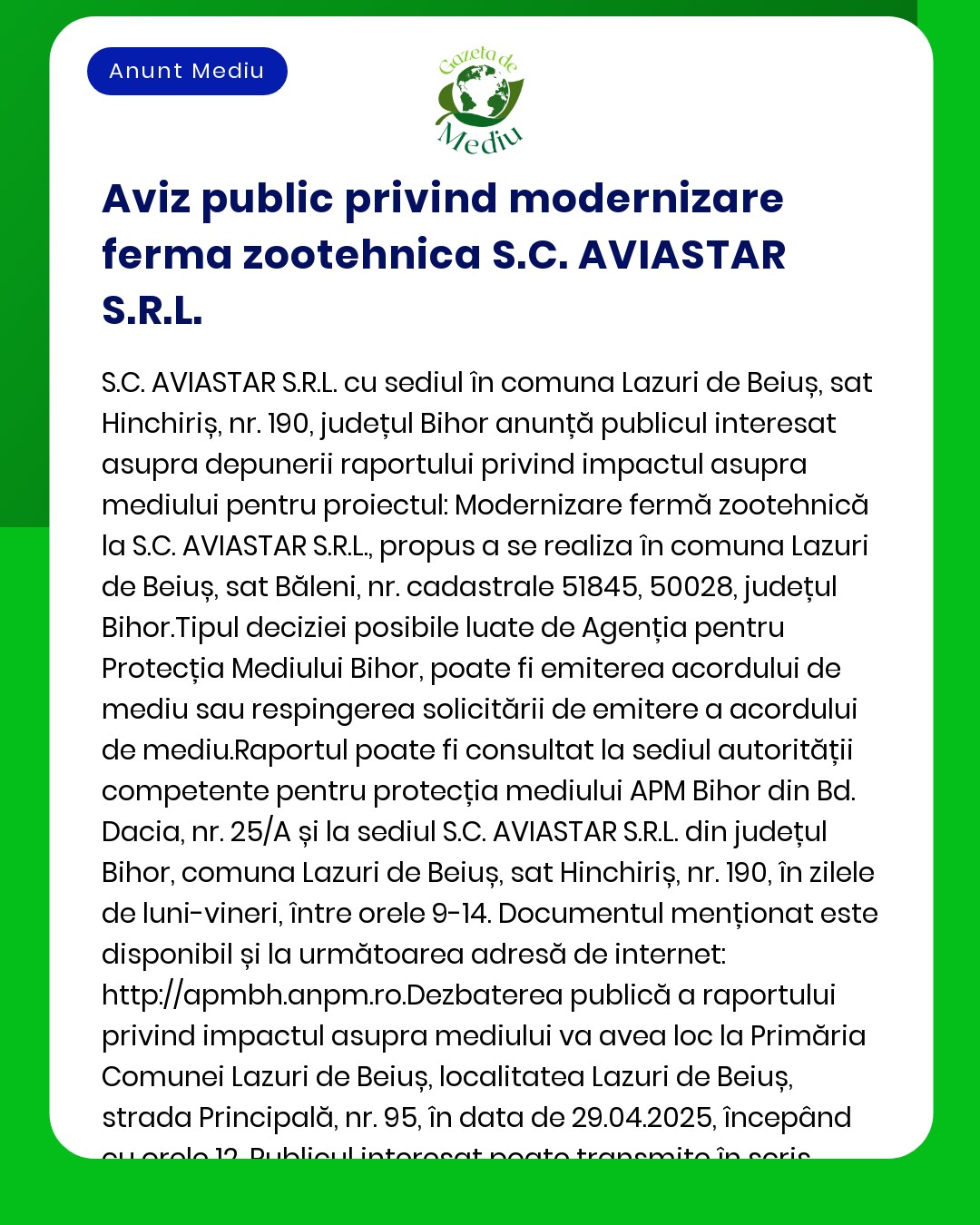 Aviz privind modernizarea fermei zoo-tehnice SCAVIASTAR SRL cu detalii despre potențialele impacturi asupra mediului și transmiterea către Agenția pentru Protecția Mediului