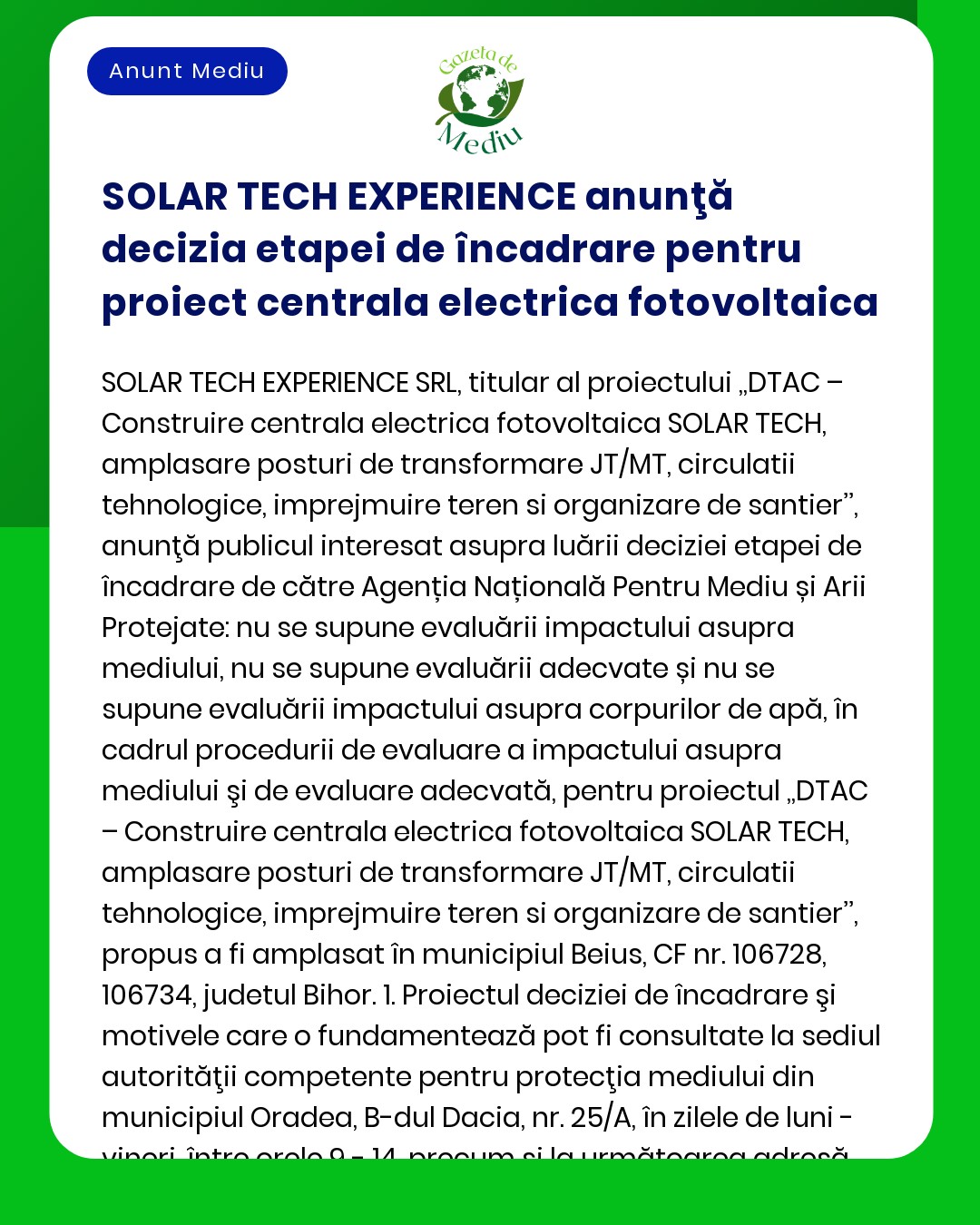 APM anunță decizia etapei de încadrare pentru proiectul Construire centrală electrică fotovoltaică împrejmuire și branșament la rețeaua electrică de distribuție Titular SOLAR TECH EXPERIENCE SRL